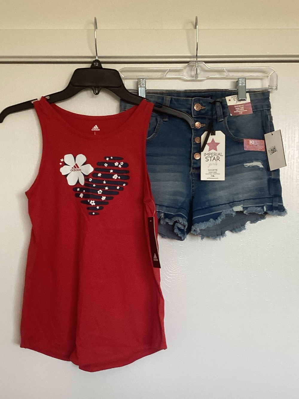 adidas Red Heart Floral Tank Top & Imperial Start Blue Jeans Short Set